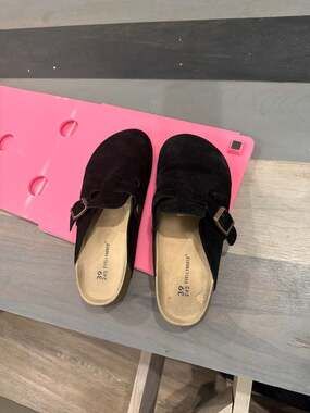 EVELLYHOOTD Women's Black Suede Leather Clogs with Cork Footbed and Adjustable B